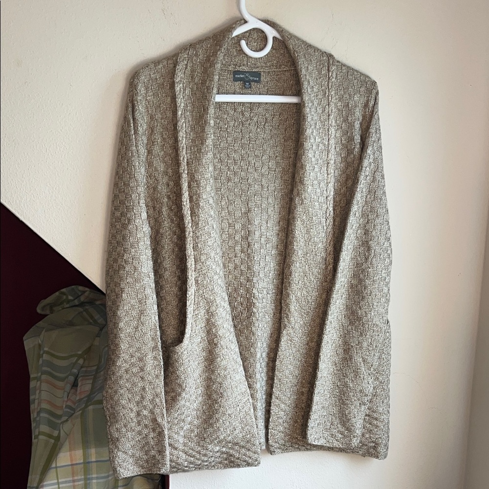 Market & Spruce Womens Oatmeal Tan Basketweave Open Front Cardigan Sweater‎ M
